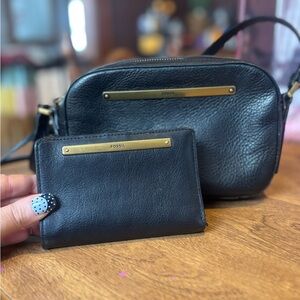 Fossil Black Leather Bag and Wallet Set with Gold Accents